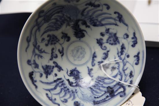 A Chinese blue and white dragon and phoenix bowl, Yongle four character mark to the interior, 15cm.